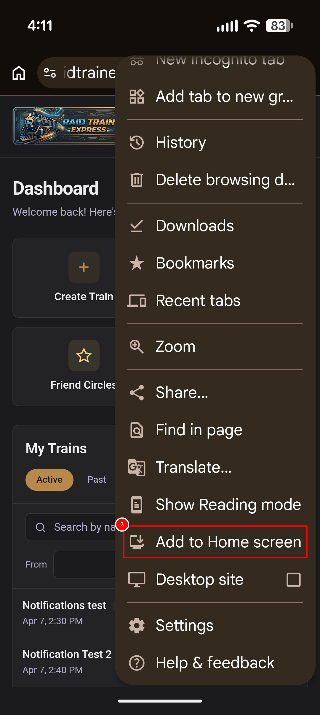 Step 2: Select "Add to Home screen"